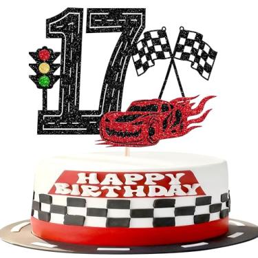 Imagem de 1 pacote de topo de bolo de carro de corrida 17º aniversário glitter semáforo carro de corrida bandeira quadriculada decoração de bolo para tema de corrida chá de bebê meninos meninas 17 anos festa de