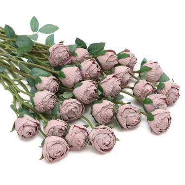 Imagem de DuHouse 24 peças de rosas artificiais vintage rosa de seda com haste buquês de rosas falsas para arranjos de mesa central de casamento, decoração de casa (rosa empoeirada maciça)