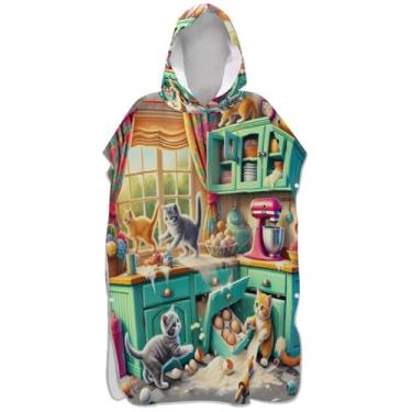 Imagem de Joisal Roupão para adultos, poncho de surfe, com capuz, toalha de natação plus size, ponchos adultos para mulheres, gatos fofos, cozinha, azul-petróleo