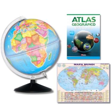 Imagem de GLOBO TERRESTRE POLÍTICO LUMINOSO BASE PRETA 30CM + MAPA MUNDI + ATLAS GEOGRÁFICO