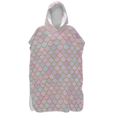 Imagem de Joisal Poncho de surfe plus size trocador de roupão adulto toalha de natação com capuz fofo rosa pastel escamas de sereia ponchos femininos com capuz