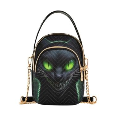 Imagem de Joisal Bolsa tiracolo feminina com estampa de árvore colorida arco-íris com zíper triplo, bolsas femininas, Gato maligno olhos verdes, 15*21*8cm