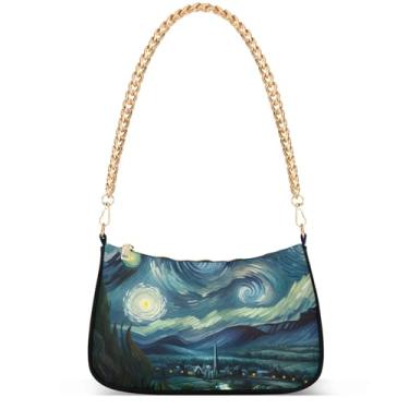 Imagem de Fantasia sereia sob o mar sacola Hobo bolsa feminina vintage bolsa de mão corrente pequena bolsa de ombro, Noite estrelada Ufo Van Gogh