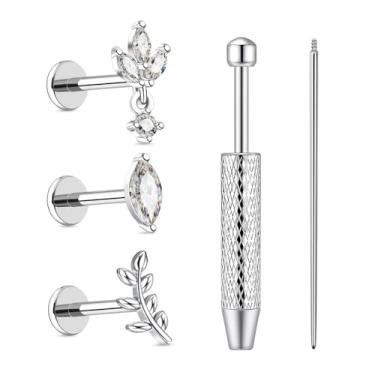 Imagem de JESMODA G23 Brincos de titânio com costas planas 16G 18G CZ brinco de cartilagem para mulheres brincos roscados internamente delicados tragus conch helix piercing joias grau implante ouro prata, 16G