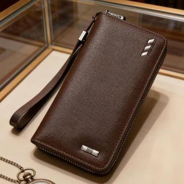Imagem de Carteira masculina clássica vintage de couro com zíper, organizador atemporal com bloqueio RFID, vários compartimentos para cartão para uso diário (café escuro)