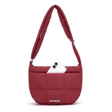 Imagem de WESTBRONCO Bolsa tiracolo feminina acolchoada de nylon com alça ajustável, Vermelho