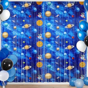 Imagem de Gretion Pacote com 2 cortinas com franjas metálicas com tema galáxia para cabine de fotos