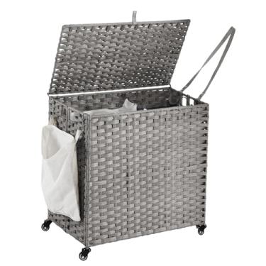 Imagem de Cesto de roupa suja com rodas, 150 L, cesto de roupa suja com tampa, forro grande removível de 2 cores e 3 sacos de roupa de malha, cesto de roupas com bolso lateral, cinza