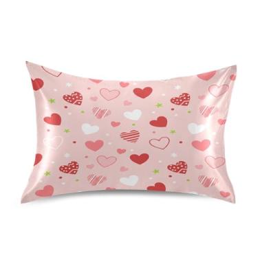 Imagem de ATTX Fronha de cetim com corações de dia dos namorados com fecho de envelope, macia e refrescante para cabelo e pele, tamanho Queen 50 x 76 cm (415)
