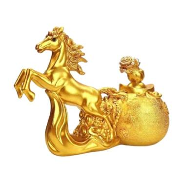 Imagem de IEUDNS Estátua de Cavalo Dourado - Significado do Feng Shui Chinês para o Ano de 2026 - Ornamento de Mesa para Atrair Fortuna - Ideal para Escritórios e, 26x19cm