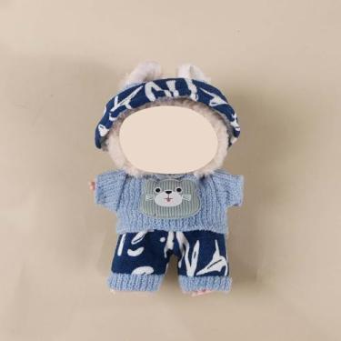 Imagem de Compatível com Labubu (sem boneca) – Conjunto de malha azul-branco (gorro estampado + suéter de urso + calça combinando), roupas de boneca de 15 cm/17 cm (azul-branco)