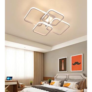 Imagem de Luminária de teto LED moderna e regulável para sala de estar com controle remoto e mudança de cor, ideal para quarto, cozinha e sala de jantar (branca, 4 anéis).