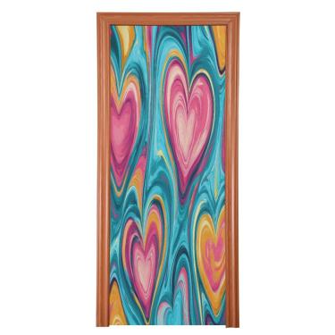 Imagem de ATTX Capa de porta frontal de corações coloridos - Decoração de férias de tecido elástico lavável para festas, casa, decoração de porta da frente, 36 x 98 polegadas (390)