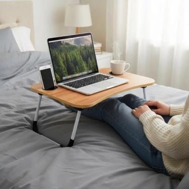 Imagem de Mesa Para Notebook Portátil Articulada Mdf Suporte Para Laptop Dobrável Home Office Cama Porta mesa de cama(Madeira)
