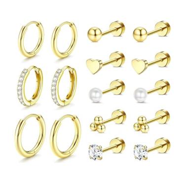 Imagem de Incaton Brincos de argola banhados a ouro 14 K, hipoalergênicos, de aço inoxidável cirúrgico, para mulheres, conjunto de brincos fofos pequenos de argola para cartilagem, Small, Metal, Zircônia cúbica