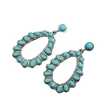 Imagem de Brincos pendentes de flor oval geométrico turquesa boêmio gota étnica para mulheres meninas declaração vaqueira boêmio joia boho, Turquesa Cristal Pedra, Turquesa
