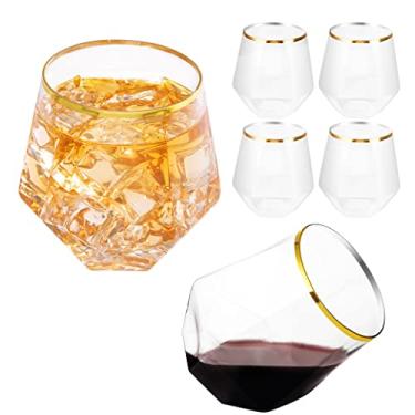 Imagem de LUODA 32 Pack Gold Plastic Stemless Wine Glasses, 12 Oz Disposable Diamond Shaped Wine Glasses, Clear Plastic Whiskey Glasses with Gold Rim For Serving White Wine, Red Wine, Cocktail, Whiskey