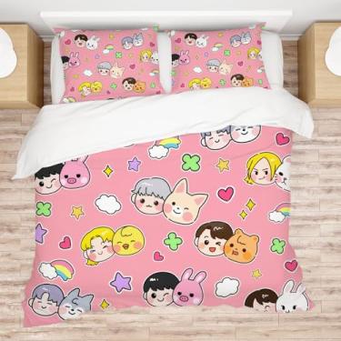 Imagem de Allenjoy Lindo conjunto de edredom rosa de música coreana com 2 fronhas para mulheres, adolescentes, filhas, fãs de quarto, berçário, decoração de quarto, lavável na máquina, durável, tamanho Queen