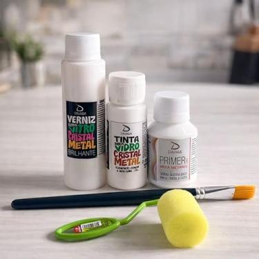 Imagem de KIT ARTESANATO - VERNIZ TALENTO DAIARA + PRIMER + TINTA PRA VIDRO BRANCA + ROLINHO + PINCEL PARA VIDRO OU DECOUPAGE - DECOUPAGEM