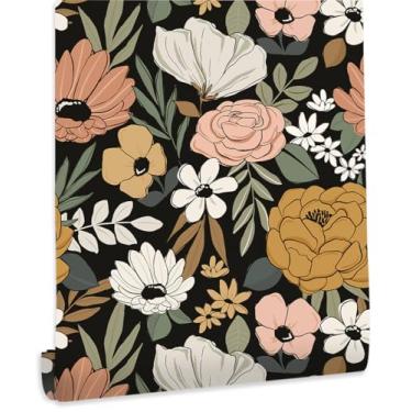 Imagem de Idomural Papel de parede floral descasque e cole papel de parede floral preto vintage amigável ao locatário Boho papéis de parede removíveis para quarto papel de contato impermeável para cômoda de