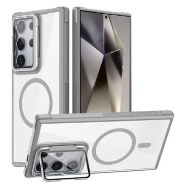 Imagem de POYUFRG Capa magnética para Samsung Galaxy S26 Ultra/S26 Plus/S26, capa fina transparente antiderrapante com proteção de lente com tudo incluído, capa de suporte, cinza, S26 Plus