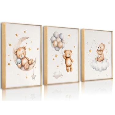 Imagem de 3 peças de arte de parede em tela de berçário de ursinho de pelúcia emoldurado urso dormindo na lua e estrelas decoração de parede imagens balão nuvem neutra impressões de pôster para quarto de bebê