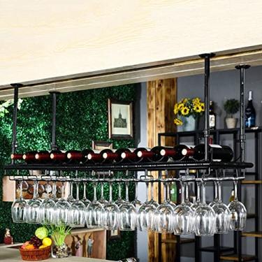 Imagem de SGeneE Rack de vinho pendurado rack de vinho rack de garrafa de teto de metal exibição vintage suporte de armazenamento de vinho com prateleira de vidro para embaixo do armário cozinha bar altura