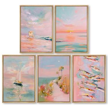 Imagem de Pinturas de arte de parede costeira rosa na moda moda verão praia pintura decoração de parede boho veleiro peixe tropical pôr do sol pôster arte para meninas adolescentes dormitório apartamento