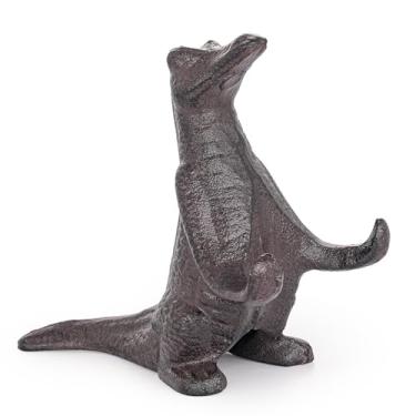 Imagem de Sungmor Estátua vintage de dinossauro de ferro fundido, adorável escultura em estante ou mesa, suporte para celular, batentes de porta e suporte de livros para decoração de escritório e casa, marrom