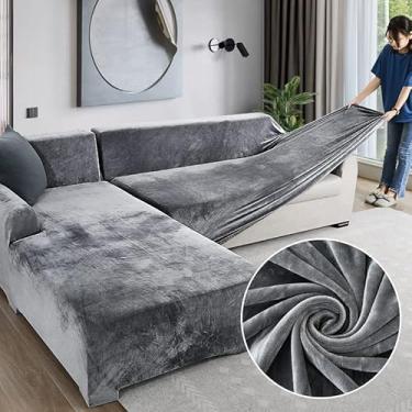 Imagem de Capa de sofá universal em forma de L, elástica, fácil de instalar, lavável na máquina, capa macia e elástica para sofá (cadeira azul 90 ~ 140 cm) (cinza 2 + 3 lugares)