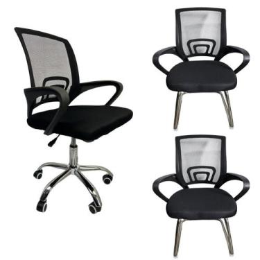 Imagem de Kit Escritório Cadeira Tela Mesh 2 Cadeiras Base Fixa + 1 Cadeira Gira