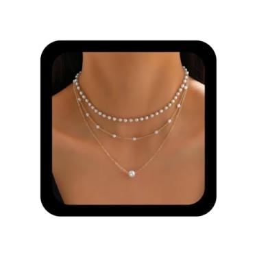 Imagem de Ximdble Colar vintage com pingente de pérola em camadas boho colar de corrente de pérola gargantilha corrente estação flutuante joia para mulheres