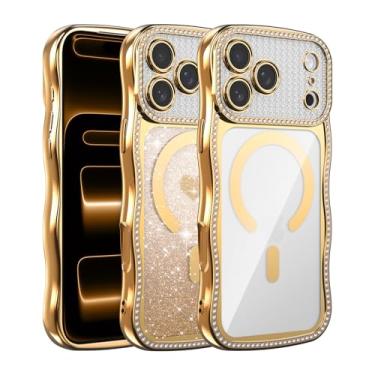 Imagem de UCASONG Capa magnética transparente para iPhone 17 Pro de 6,3 polegadas com cartão de glitter gradiente de coração de amor, linda moldura ondulada encaracolada com strass brilhante, compatível com