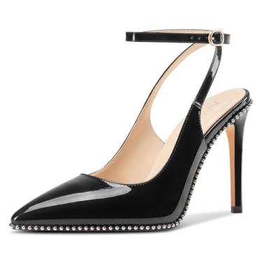 Imagem de Aachcol Sapato feminino com tira no tornozelo, bico fino, com contas, salto alto stiletto para casamento, formatura, couro envernizado, salto 9 cm, Preto, 36