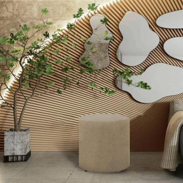 Imagem de Puff Banqueta Decoratico Redondo Em Tecido Linho Pé Plastico Triunfo Viena Bege