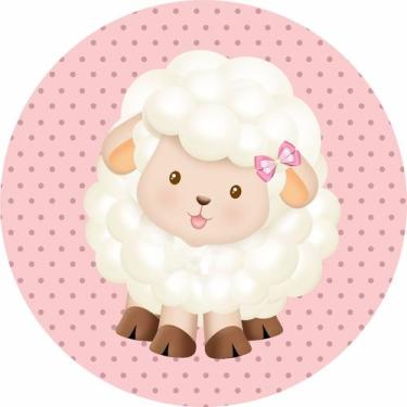 Imagem de Painel de Lona Redondo Ovelhinha Lacinho Rosa Fundo Poa - Fabrika De F