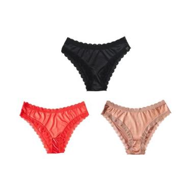 Imagem de Calcinhas Femininas Elegantes De Cetim Sem Costura Com Renda, Kit 3 Pe