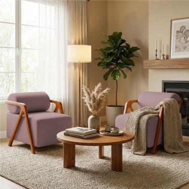 Imagem de Kit 2 Poltronas Chloe Decorativas Orgânicas Bouclé Premium de Luxo para Sala Quarto Recepção Encosto Rolo Estrutura Amadeirada