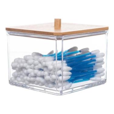 Imagem de Organizador Acrílico Tampa Bambu Porta Algodão Cotonete Maquiagem Skin