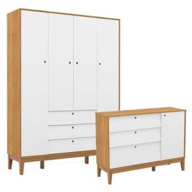 Imagem de Cômoda Sapateira E Guarda Roupa Unique 4 Portas Freijó Branco Soft Eco