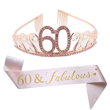 Imagem de Tiara e faixa rosa de 60º aniversário, faixa de cetim com glitter e coroa de tiara de strass de cristal para festa de 60º aniversário, suprimentos para decorações de bolo