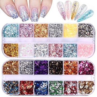 Imagem de Ebanku Flocos de alumínio holográficos para arte de unhas, 24 grades, flocos de folha de unha com glitter, lantejoulas, confetes dourados, prata, efeito espelhado irregular, efeito de acrílico, pó para unhas para decoração de unhas