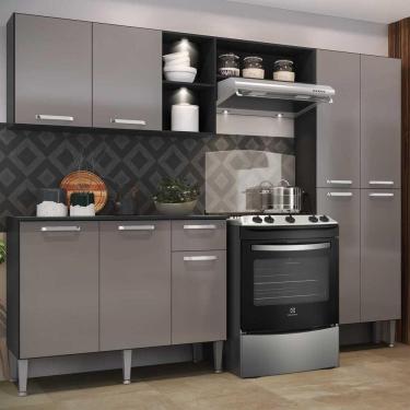 Imagem de Cozinha Compacta c/ 2 Leds Armário e Balcão com Tampo Pequim Up Multimóveis Preta/Lacca Fumê