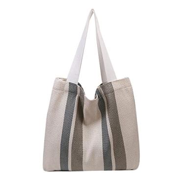 Imagem de Bolsa feminina de lona sacola bolsa grande capacidade reutilizável compras bolsa casual listrada lona, Branco