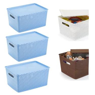 Imagem de Plasnorthon Kit Rústico Retangular com Tampa - 3 Caixas Organizadoras Rattan com Tampa - 15 Litros - Azul - c. 35,5 x l. 26,5 x a. 18,5 cm