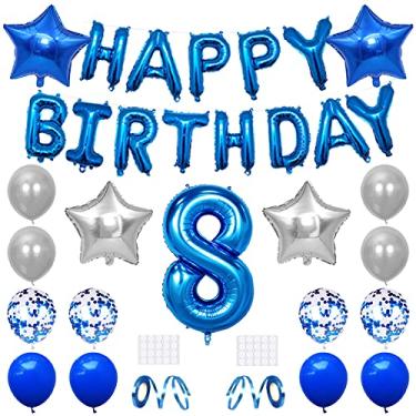 Imagem de Xihuimay Decoração de aniversário de 8 anos faixa de feliz aniversário balão de 8 anos suprimentos de festa de aniversário balões de hélio 81 cm número 8 balão confete balão de látex estrela balão de lacre de coração, azul prata