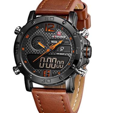 Imagem de Relógios masculinos à prova d'água esportivos relógio analógico digital de couro 3ATM casual relógio de pulso duplo tempo, Laranja