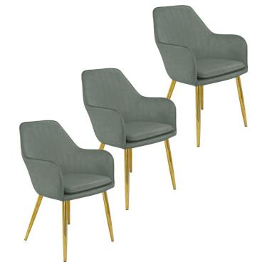 Imagem de Kit 3 Cadeiras Poltrona Lines Base Dourada Recepção Sala Decorativa Suede - Cinza