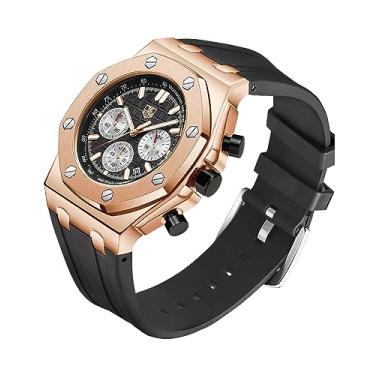 Imagem de Relógio masculino com pulseira de silicone, analógico, à prova d'água, multifunções, cronógrafo, esportivo, com calendário e pulseira de borracha preta, Dourado, preto, Tendência
