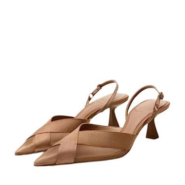 Imagem de ZIRIA Sapatos femininos brancos brilhantes de salto alto para escritório sandálias de cristal elegantes bico fino slingback salto salto, Caqui, 37